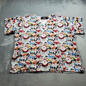 MNJ V-Neck Scrub Top Santa Claus with Penguins Holiday Theme Print 2 Pckts Sz XL
